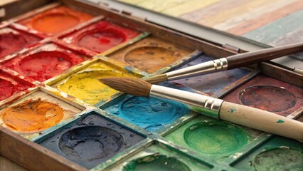 Colorful paint palette smudges showcase artistic creativity in a vibrant workspace with brushes resting nearby