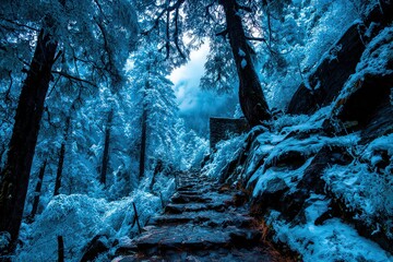 Snowy Trail Through a Blue Winter Forest
