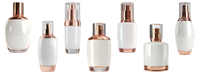Set of luxury white and rose gold cosmetic bottles for skincare mockups.