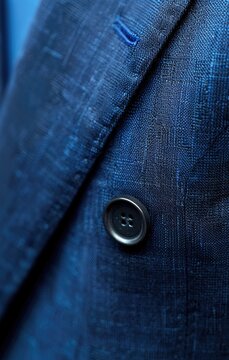 Close-up of a textured, dark-blue double-breasted jacket's button and lapel, showcasing the fabric's subtle slub and weave