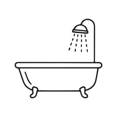  Bathtub with Shower Line Icon. Clawfoot Tub Vector Illustration. Simple Bathroom and Hygiene Outline Symbol.