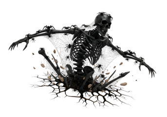 A skeletal figure, enveloped in a spiderweb, bursts from a shattered, dark substance, creating a dramatic and unsettling visual composition.