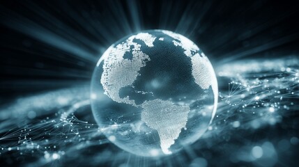 Global technology network represented by a digital earth hologram in blue tones showing connections across the globe