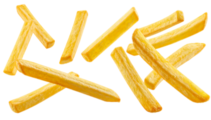 French fries isolated, golden potato sticks flying in motion, crispy texture, delicious fast-food snack, crunchy bite, appetizing side dish, tasty finger food, popular worldwide, classic junk meal, pe