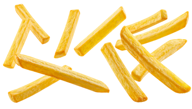 French fries isolated, golden potato sticks flying in motion, crispy texture, delicious fast-food snack, crunchy bite, appetizing side dish, tasty finger food, popular worldwide, classic junk meal, pe