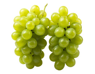 Grapes, fresh and green, hang beautifully in a natural cluster, isolated on a pure white background, highlighting their juicy texture, organic freshness, healthy qualities, appetizing look, and versat