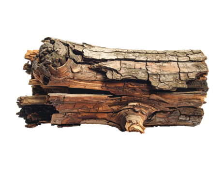 Broken tree branches with detached bark, rustic wood fragments and weathered driftwood logs lying exposed, showing natural decay, textured surfaces, aged appearance, organic shapes, earthy tones, and 