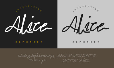 Alice script alphabet font with smooth handwritten style, perfect for branding, invitations, and modern typography projects