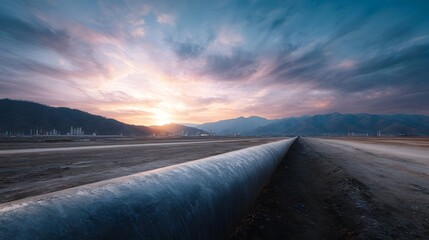 A large industrial pipeline crosses a vast dry landscape towards distant mountains during a vibrant sunset