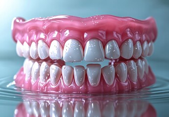 Obraz premium Dental prosthesis, pink gums, white teeth, water reflection