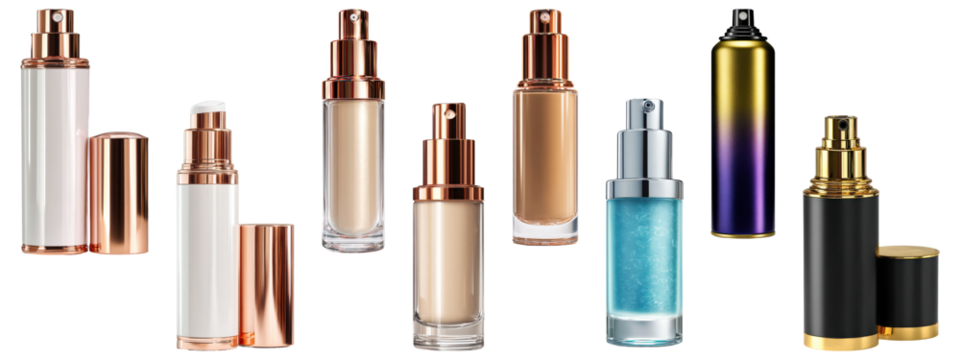 Collection of makeup and skincare pump bottles for product mockups.