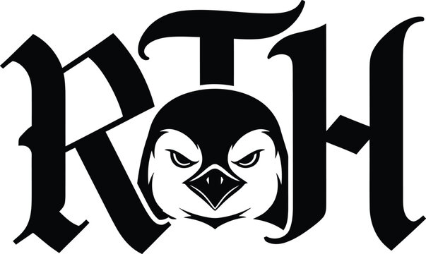 Gothic rth letters with a fierce penguin face in the center