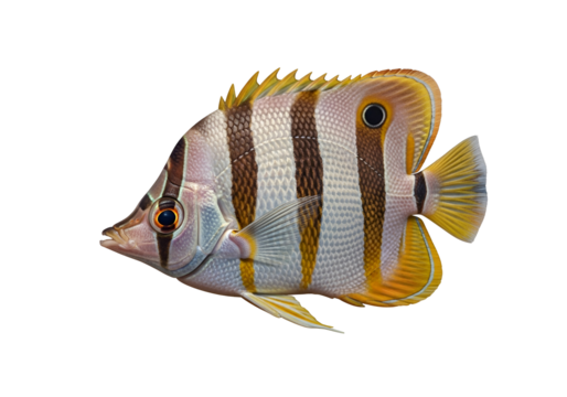 A detailed close-up of a vibrant fish, showcasing its intricate patterns and colors against a striking black background.