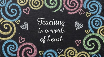 Chalkboard art with colorful swirls and hearts framing the inspirational quote teaching is a work of heart in elegant script, symbolizing dedication and passion in education
