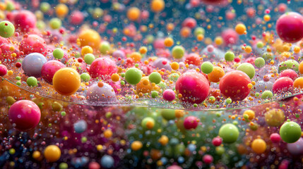 Colorful balls floating and bouncing in viscous liquid