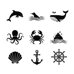 Fototapeta premium Ocean Animals and Nautical Icons: Dolphin, Whale, Octopus, Crab, Shell, Anchor, Ship Wheel vector graphics seashell maritime wildlife