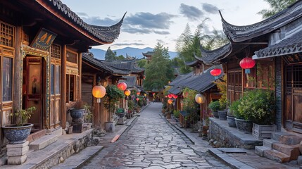 Obraz premium Traditional Lane in Lijiang Ancient Town, Chinese Wooden Dwellings with Lanterns, Historical Cultural Tourism and Folk Custom Stock