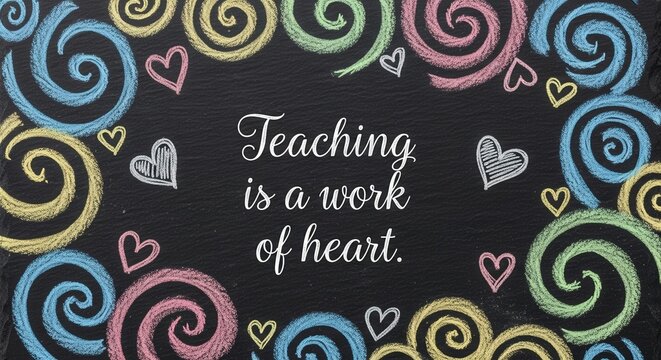 Chalkboard art with colorful swirls and hearts framing the inspirational quote teaching is a work of heart in elegant script, symbolizing dedication and passion in education - Powered by Adobe