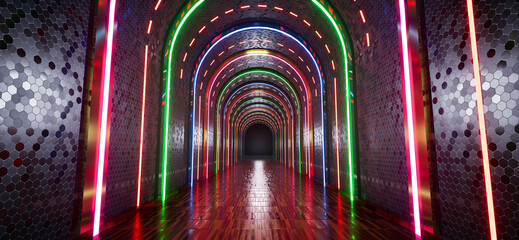 Glowing neon lines and tunnel, Sci Fi neon glowing lines