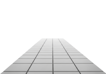 Pristine light grey 10x10cm square tiles, dark grey grout, smooth matte texture, receding on white studio background with copy space, high-key lit, minimalist product platform concept