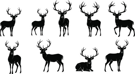 Deer silhouettes, antler wildlife, black animal shapes, forest creatures, standing poses, vector illustration, hunting theme, nature design, majestic bucks