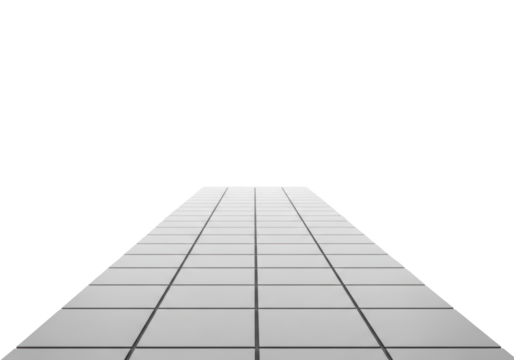 Pristine light grey 10x10cm square tiles, dark grey grout, smooth matte texture, receding on white studio background with copy space, high-key lit, minimalist product platform concept