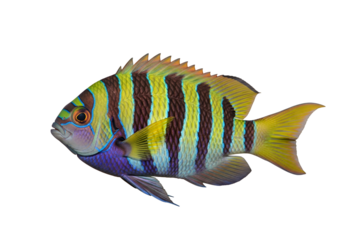 A vibrantly colored fish, displaying striking patterns of yellow, purple, and dark brown stripes, is featured against a stark black background.