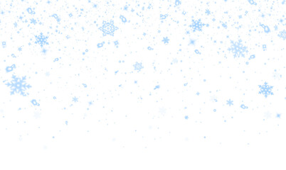 Light blue snowflakes gently falling against a soft white background, creating a serene winter atmosphere, perfect for seasonal designs and festive celebrations with copy space