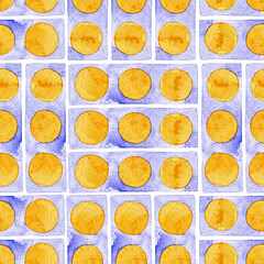 Playful watercolor pattern. Yellow orange circles on blue background. Soft handmade texture. Seamless abstract design.