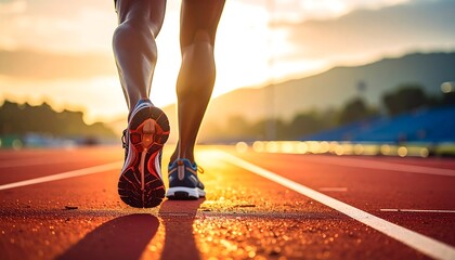 A runner's legs and running shoes viewed from behind on a red track at sunset with a mountain backdrop