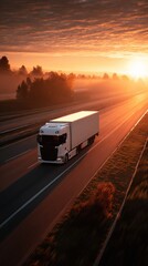 A white truck is driving on a highway during a serene sunrise, captured in cinematic 8k quality with a natural and tranquil ambiance