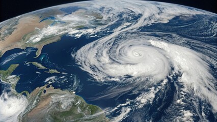 Fototapeta na wymiar Satellite view showcases Earth’s dramatic cloud patterns and a swirling hurricane in the Atlantic Ocean