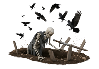 A skeletal figure emerges from a grave, surrounded by ravens, in a dark and somber scene.