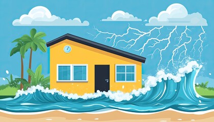 Yellow house hit by a tidal wave and lightning