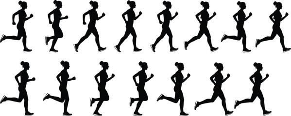 Female running silhouette, motion sequence, athletic stride phases, human biomechanics, sports training, sprint posture, exercise movement, fitness, dynamic runner, speed