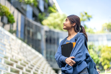 University student with backpack and tablet, campus life education journey, young asian woman ready for class, studying and learning, academic lifestyle college campus background, knowledge and growth