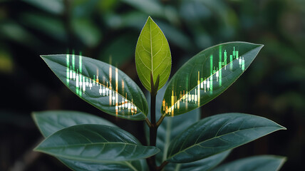 Green plant with financial stock market graph overlay symbolizing growth