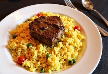 Flavorful Grilled Steak on a Bed of Vibrant Yellow Rice Accompanied by Fresh Olives and Cherry Tomatoes for a Delicious Culinary Experience