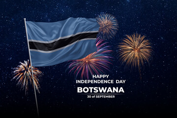 National flags of Botswana in night sky with stars and fireworks