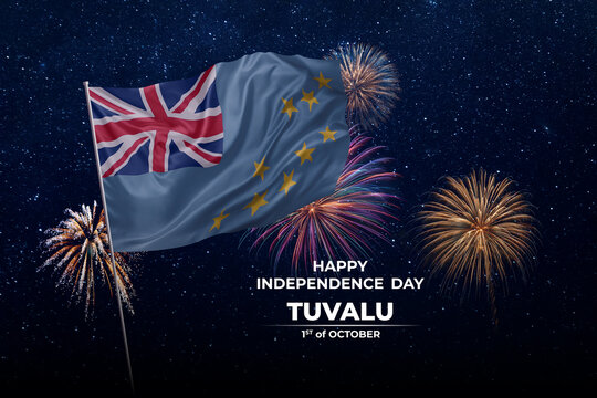 National flags of Tuvalu in night sky with stars and fireworks