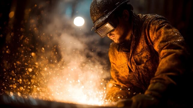 Close up of a welder wearing protective gear intensely focused as sparks fly in a dimly lit industrial environment