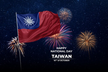 National flags of Taiwan in night sky with stars and fireworks