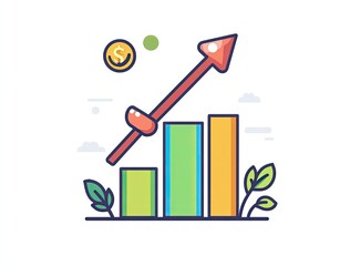 Colorful chart with rising arrow, money, and nature elements