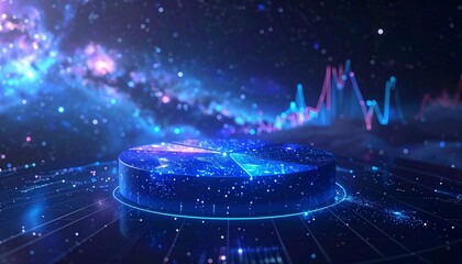 Magical market analysis console showing levitating pie charts infused with starry essences, dynamic trend lines pulsing with otherworldly light, realistic HD imagery