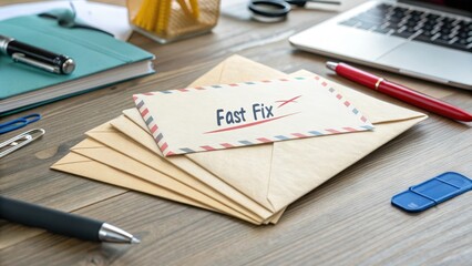 Elegant Workspace with Envelopes and Fast Fix Letter on Desk