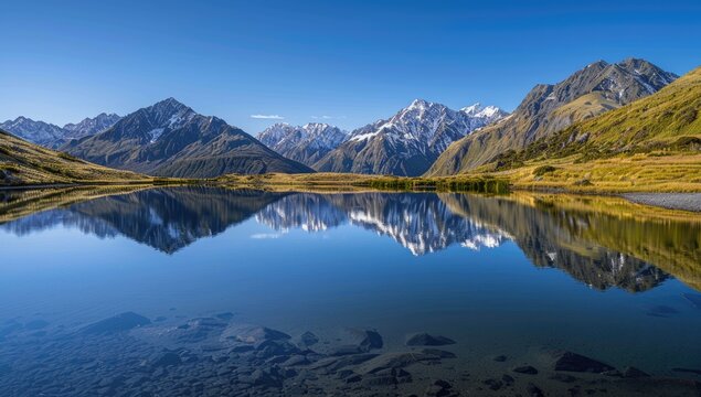 A serene mountain lake reflects the snow-capped peaks and clear blue sky, creating a mirror-like image of the majestic landscape.  The foreground shows a shallow, rocky lakebed - Powered by Adobe