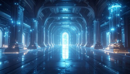 Fototapeta premium Arcane enterprise hub displaying ethereal network nodes connected by sparkling threads, glowing innovation hubs in a vast chamber, captured in HD realism 32k, full ultra hd, high resolution 