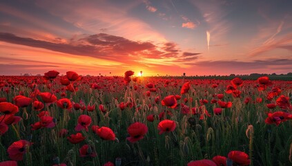 Vibrant sunrise paints a vast poppy field in fiery hues, the flowers stretching to the horizon under a dramatic, colorful sky