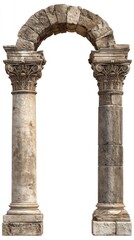 Fototapeta premium Weathered stone archway supported by two classical columns, one appearing more marble than the other, set against a white background