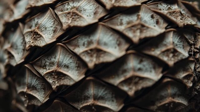 Dramatic macro photograph showcasing the intricate, scaly texture and abstract geometric patterns of a natural pine cone